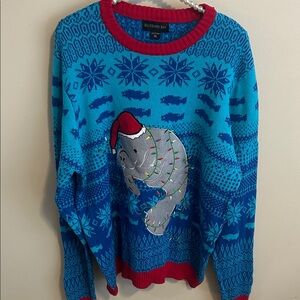 Blizzard Bay Men's XL Manatee Christmas Sweater EUC Holiday Ugly Knit Blue Red